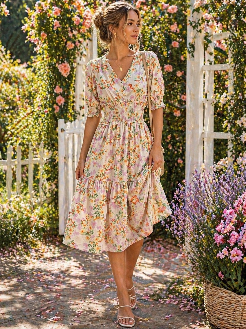 Kookai Cream Floral V-Neck Tiered Midi Dress